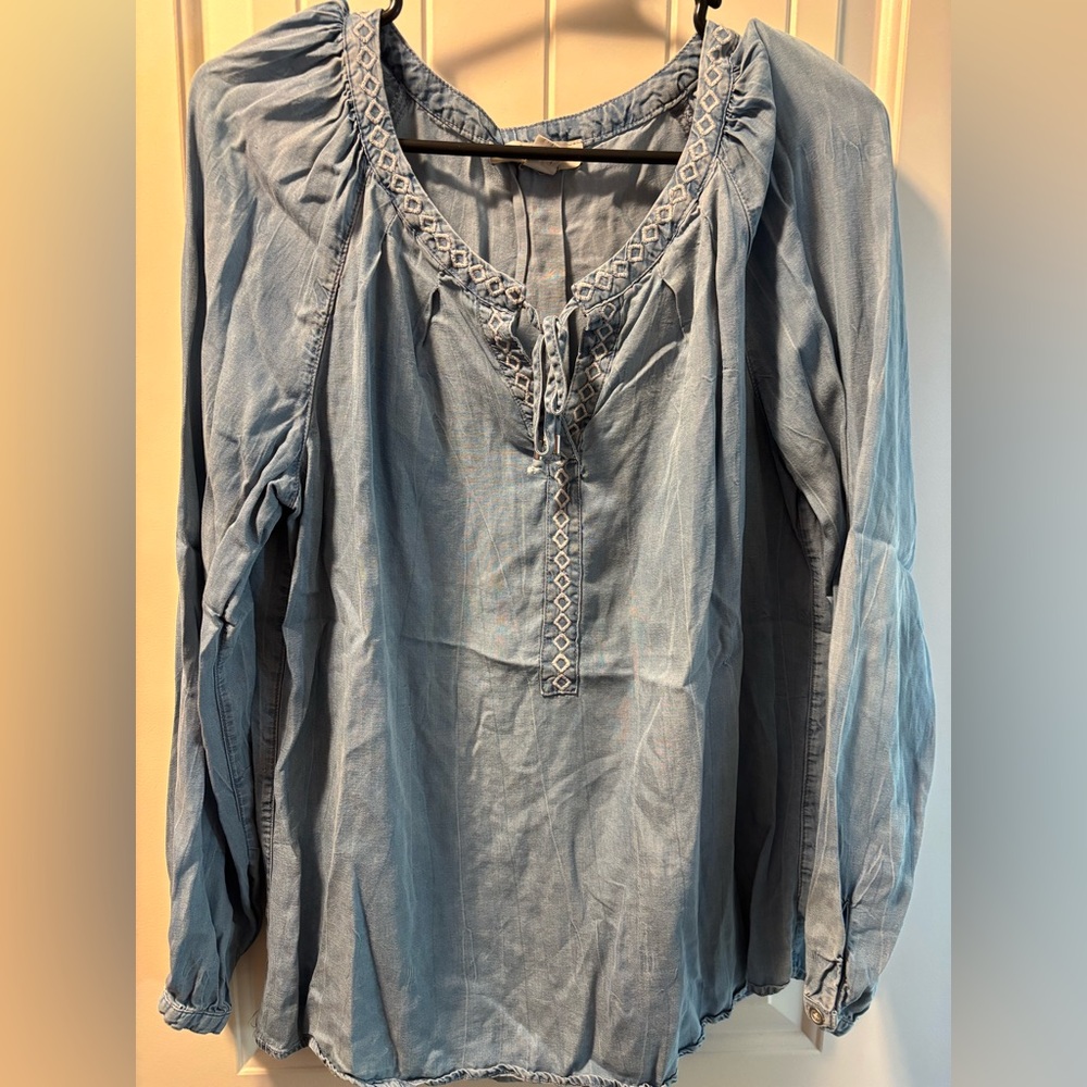 Vintage America Light Blue Blouse with Embroidered Trim